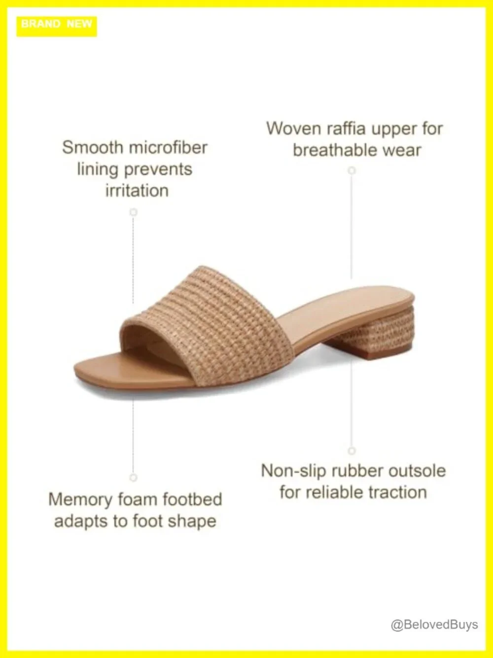 Women's Raffia Slide Sandals Low Heel Square Toe Memory Foam Insole